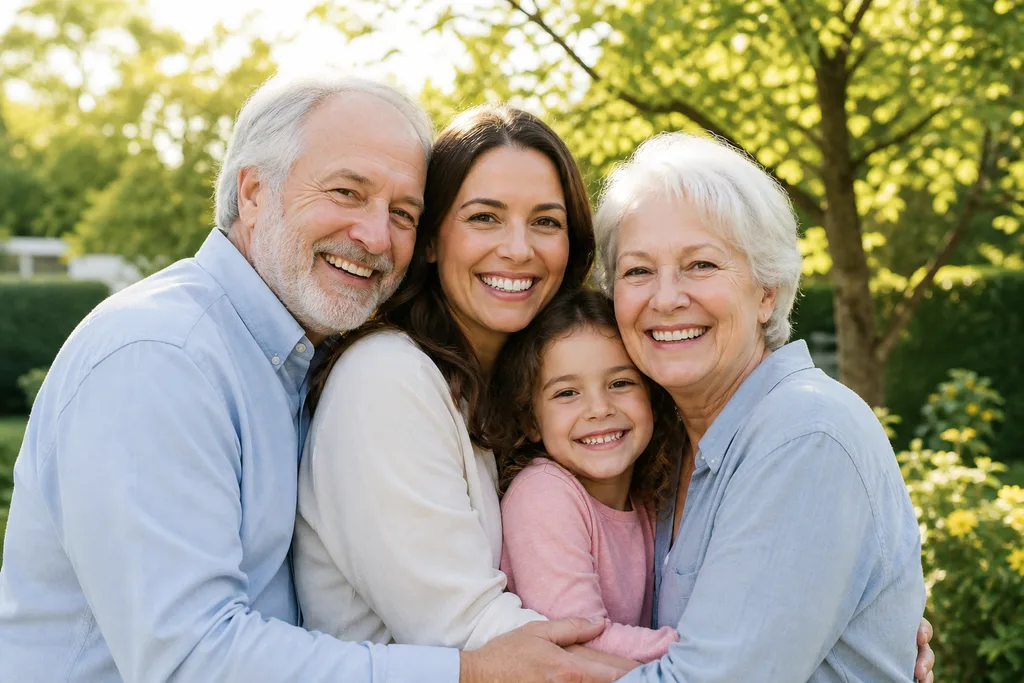 Happy multi-generational family smiling together in a sunny garden