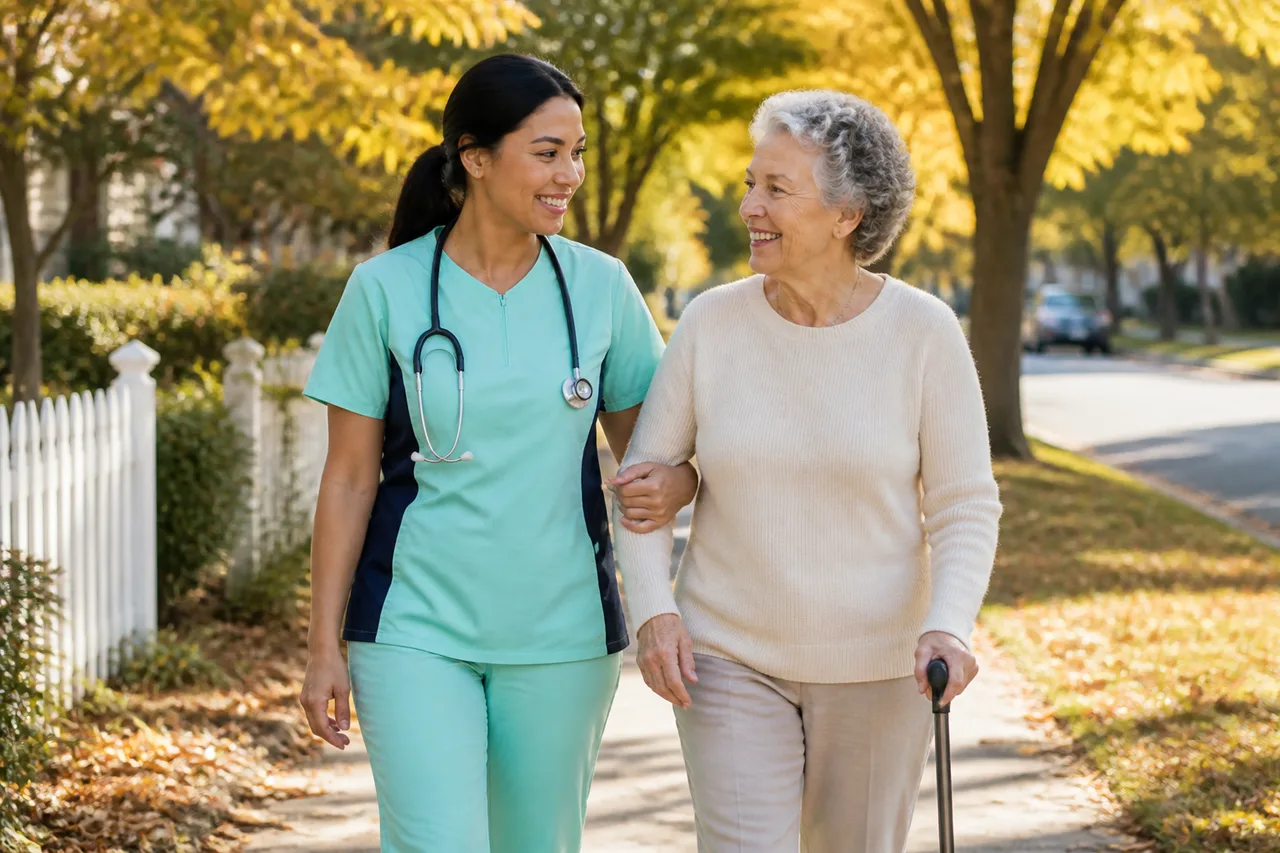 Indigenous female caregiver in mint green scrubs with navy side panels on a safe outdoor walk with a senior woman