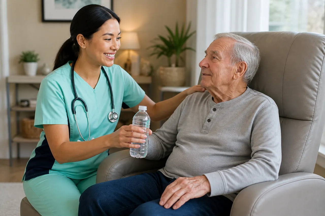 Vietnamese female caregiver in mint green scrubs with navy side panels offering hydration support at home