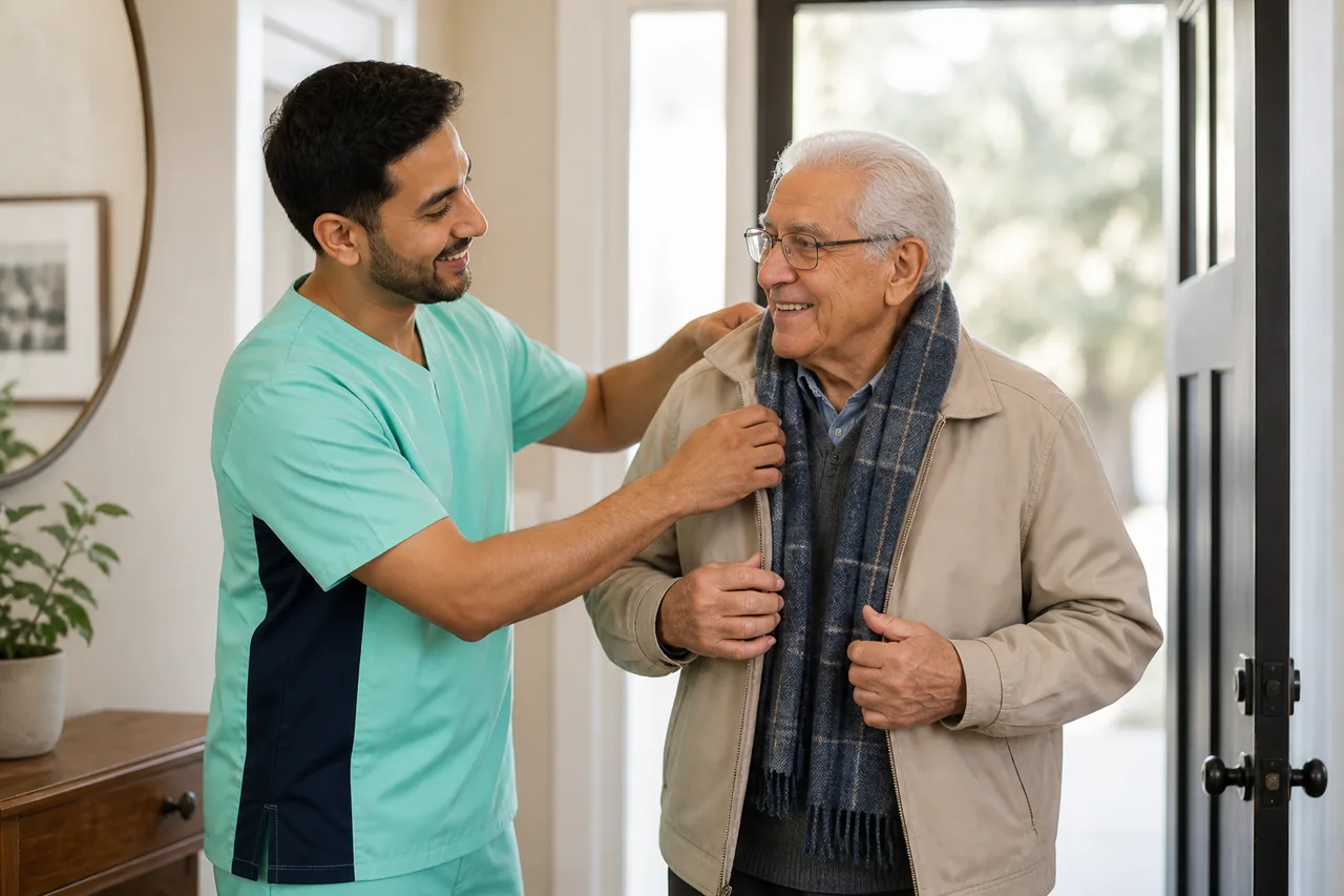 South Asian male caregiver in mint green scrubs with navy side panels helping a senior get ready for an outing