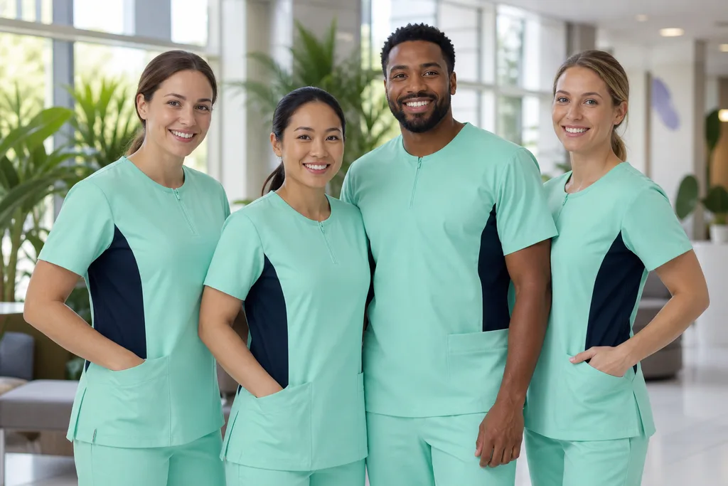 Senior Comfort Homecare team in matching mint green and navy uniforms