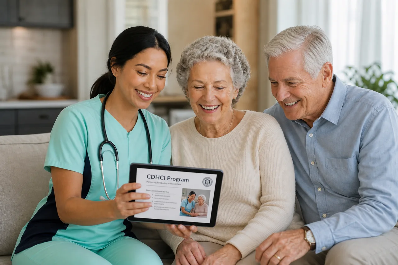 Black female caregiver in mint green scrubs explaining a care plan on a tablet to a smiling senior couple