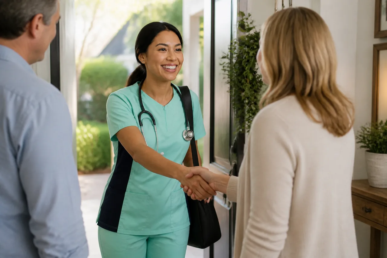 Black female nurse caregiver in mint green scrubs welcoming a family at the front door