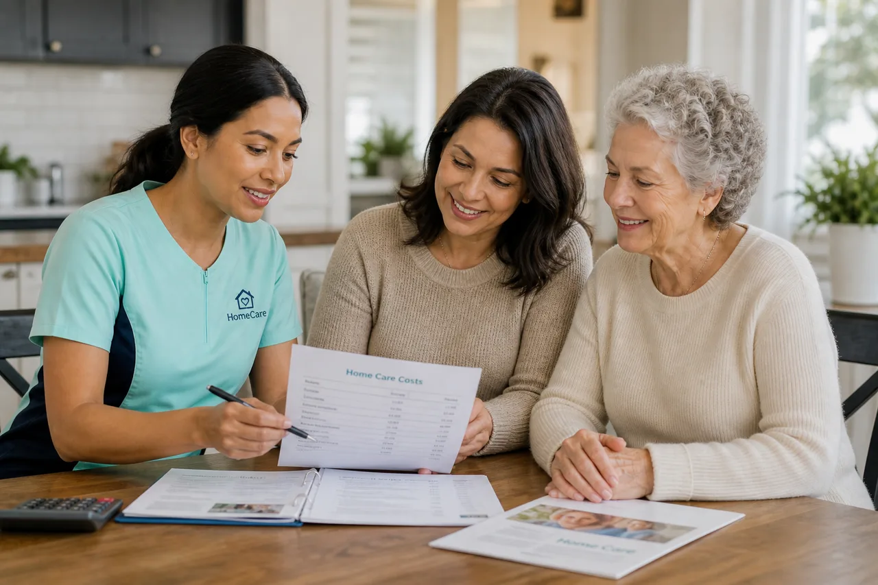 South Asian female caregiver in mint green scrubs discussing care options with a family at a kitchen table