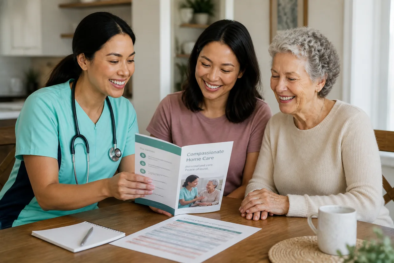 Vietnamese female caregiver in mint green scrubs sharing tea and conversation with a senior woman at home