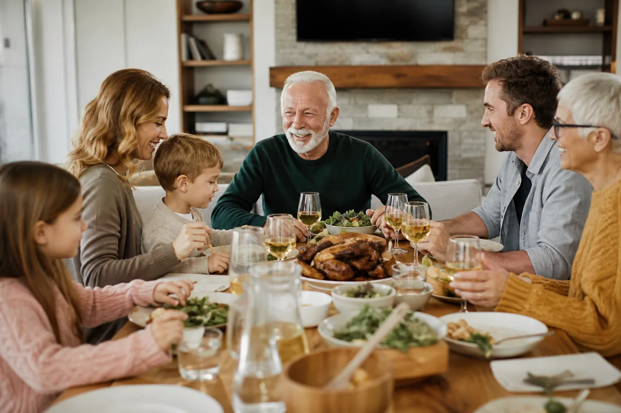 Happy multigenerational family sharing a meal with a smiling senior grandfather at home