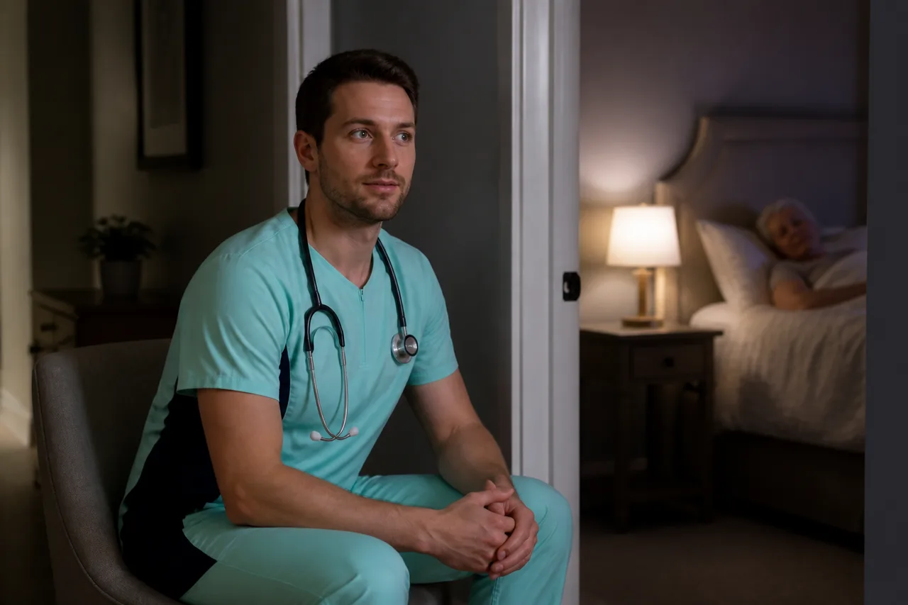 Caucasian male caregiver in mint green scrubs providing calm overnight support near a senior bedroom