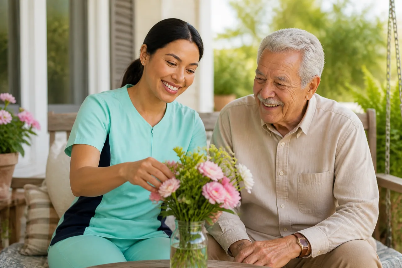Middle Eastern female caregiver in mint green scrubs sharing tea with a smiling senior man on a sunny home porch