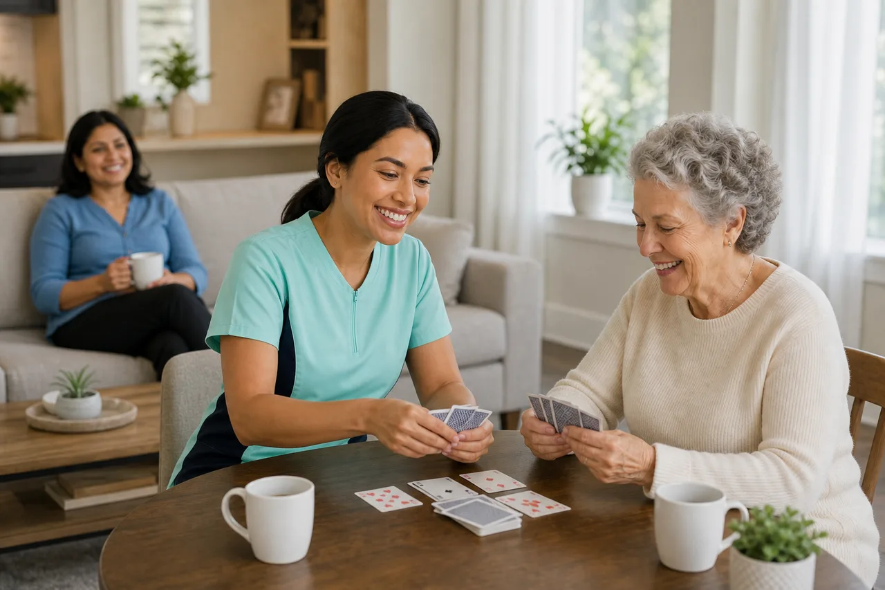 Indian female caregiver in mint green scrubs keeping a senior woman company while her family caregiver takes a break