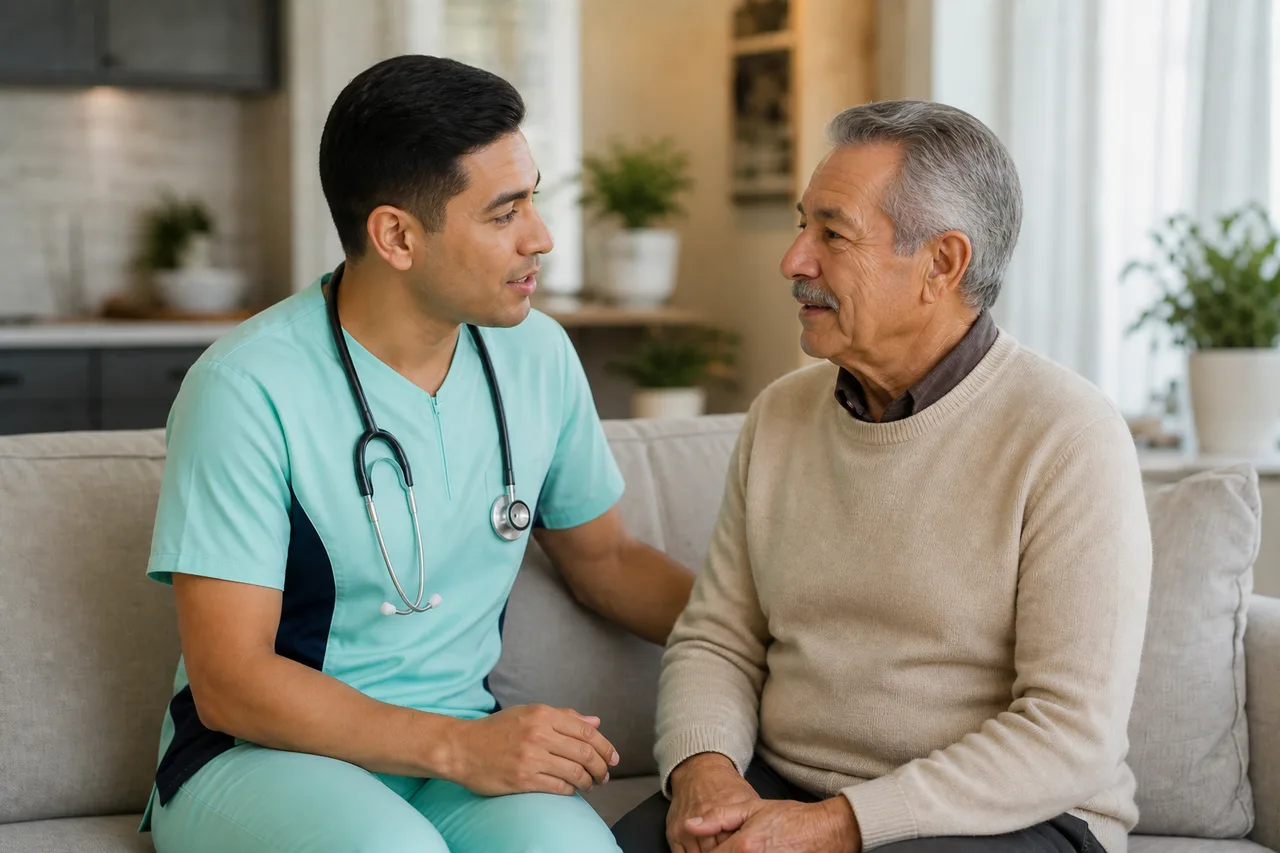 Male caregiver in mint green scrubs with navy panels speaking gently with a senior man at home