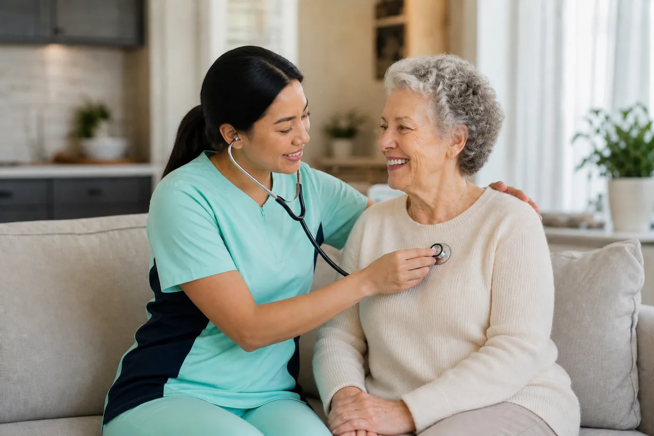 East Asian female caregiver in mint green scrubs performing a friendly wellness check for a senior woman at home