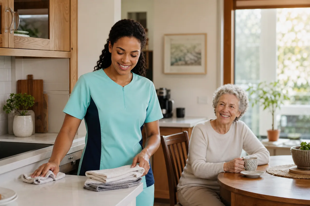 Black female caregiver in mint green scrubs with navy side panels doing light housekeeping while a senior enjoys tea at home