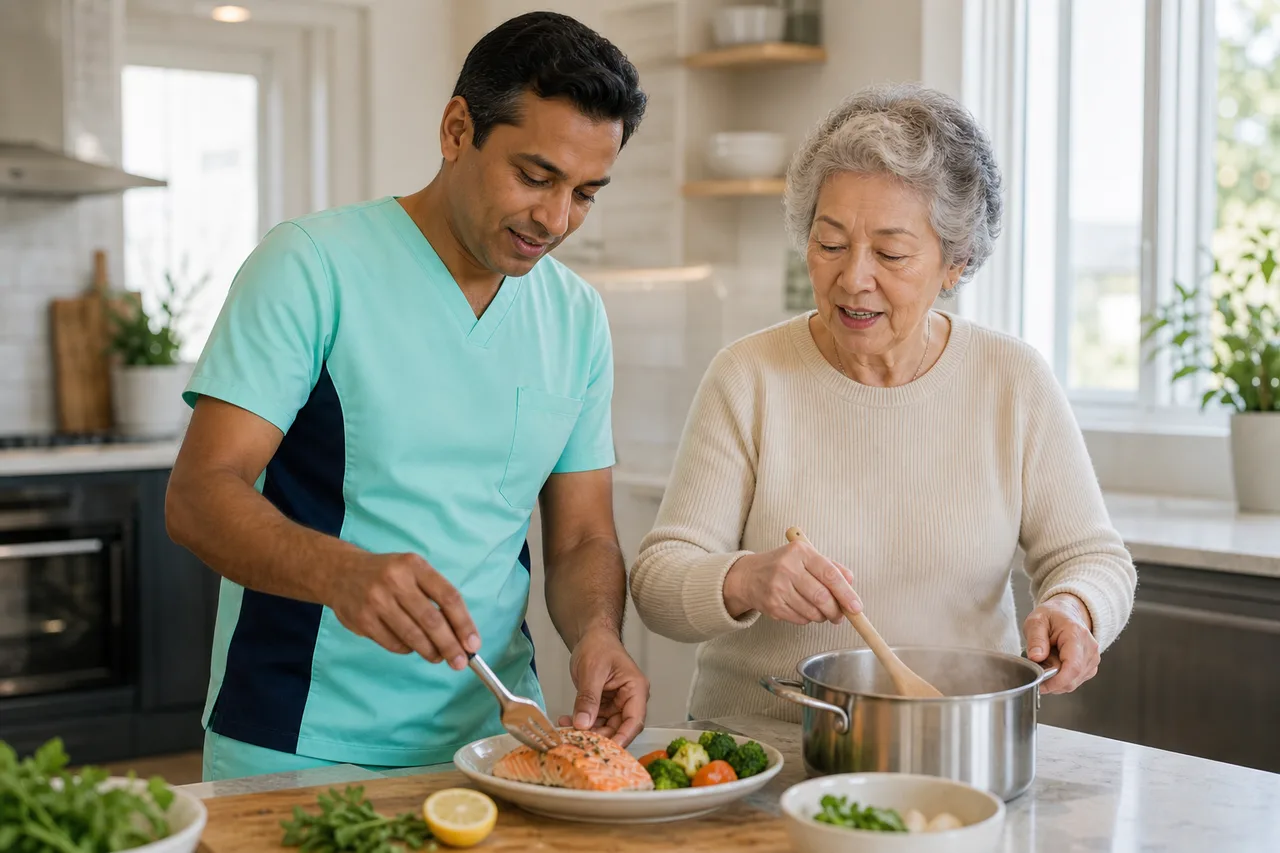 South Asian male caregiver in mint green scrubs with navy side panels preparing a healthy meal with a senior in the kitchen
