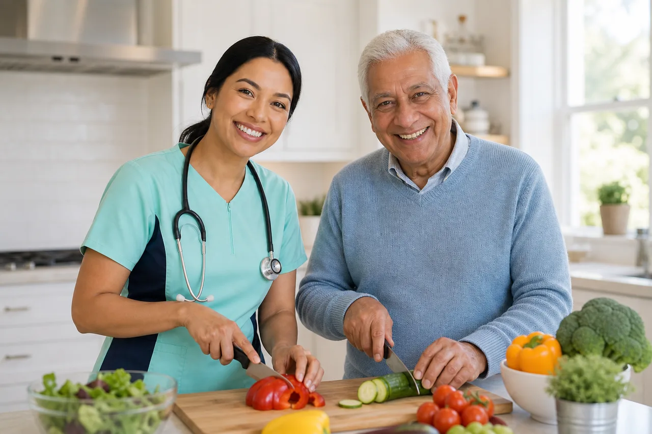 South Asian female caregiver in mint green scrubs with navy side panels preparing healthy meals with a senior in the kitchen