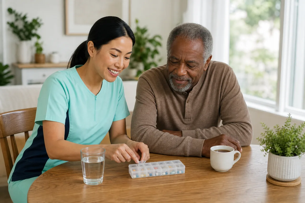 Korean female caregiver in mint green scrubs with navy side panels going through a weekly pill organizer with a senior at breakfast