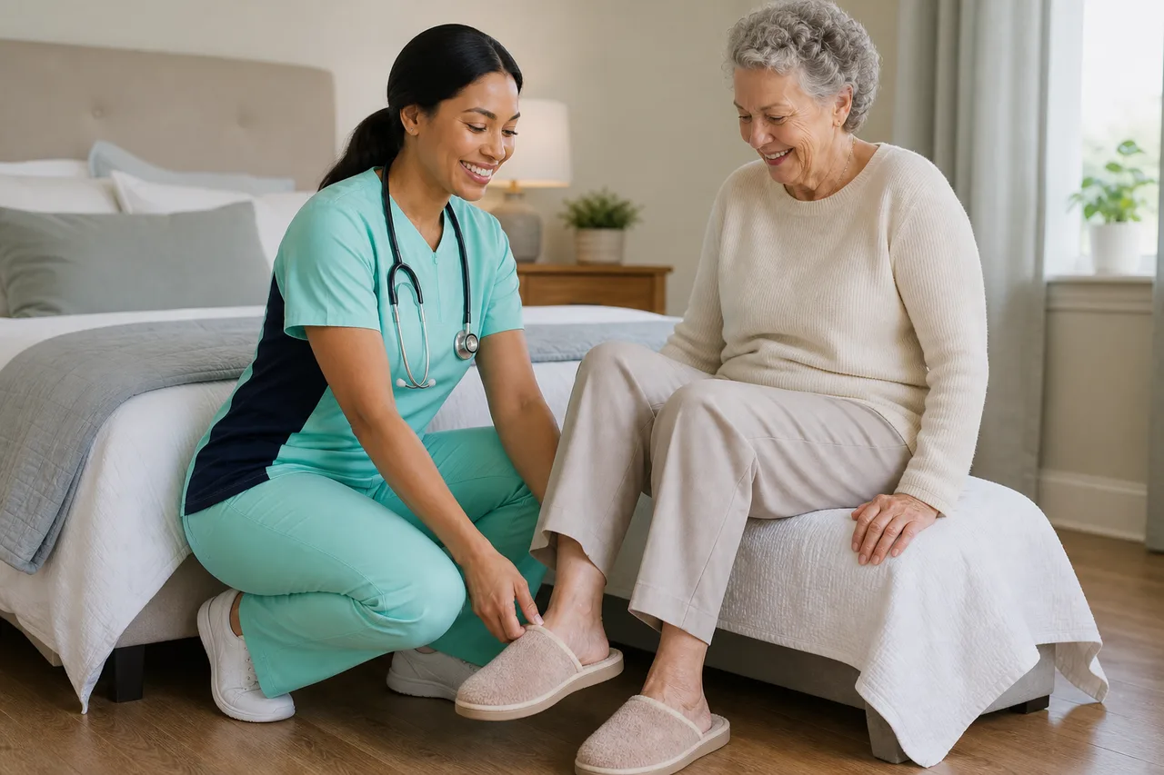 Black female caregiver in mint green scrubs with navy side panels helping a senior with personal care and safe movement at home