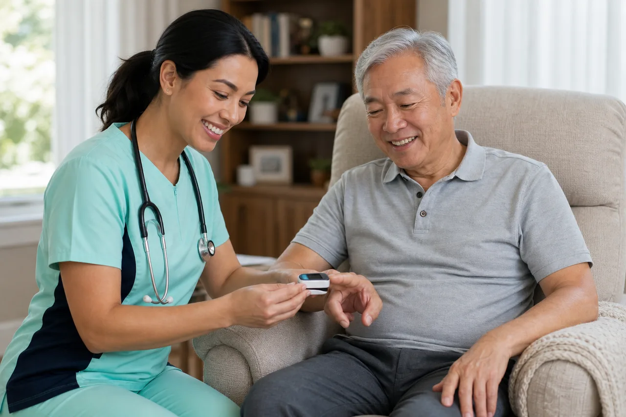 Latina female caregiver in mint green scrubs with navy side panels providing calm in-home nursing support