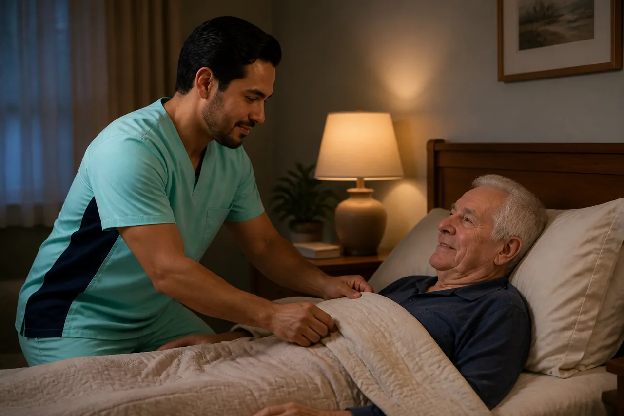 Latino male caregiver in mint green scrubs with navy side panels providing reassuring evening and overnight care