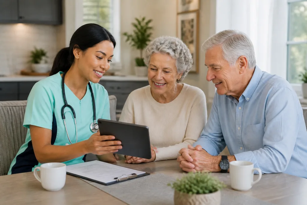 Black female caregiver in mint green scrubs with navy side panels explaining a care plan on a tablet to a senior couple
