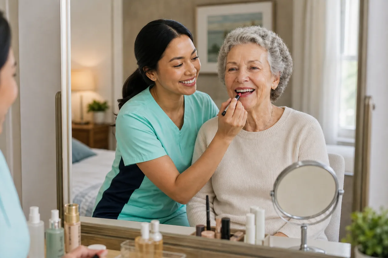 East Asian female caregiver in mint green scrubs with navy side panels gently helping a senior woman with grooming at home