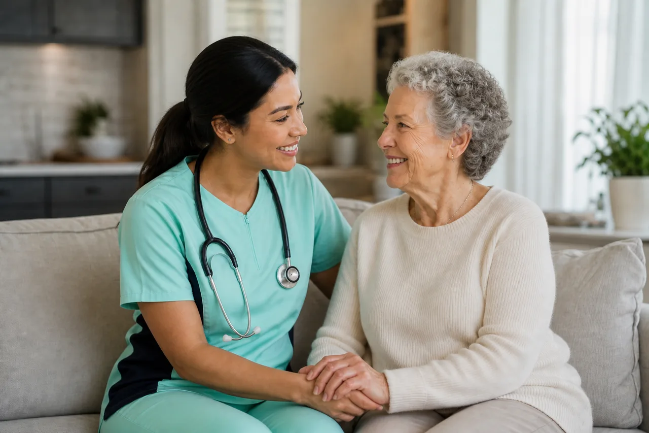 Caribbean female caregiver in mint green scrubs with navy side panels reassuring a senior with a gentle connection