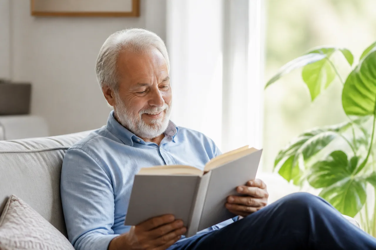 Senior relaxing comfortably at home in bright natural light