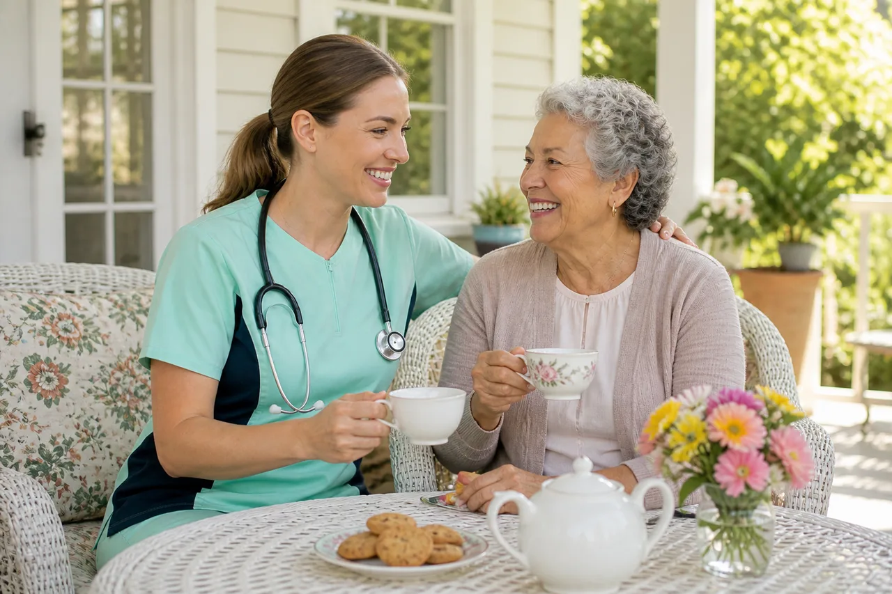 White female caregiver in mint green scrubs with navy side panels sharing tea on a porch with a senior woman, companionship