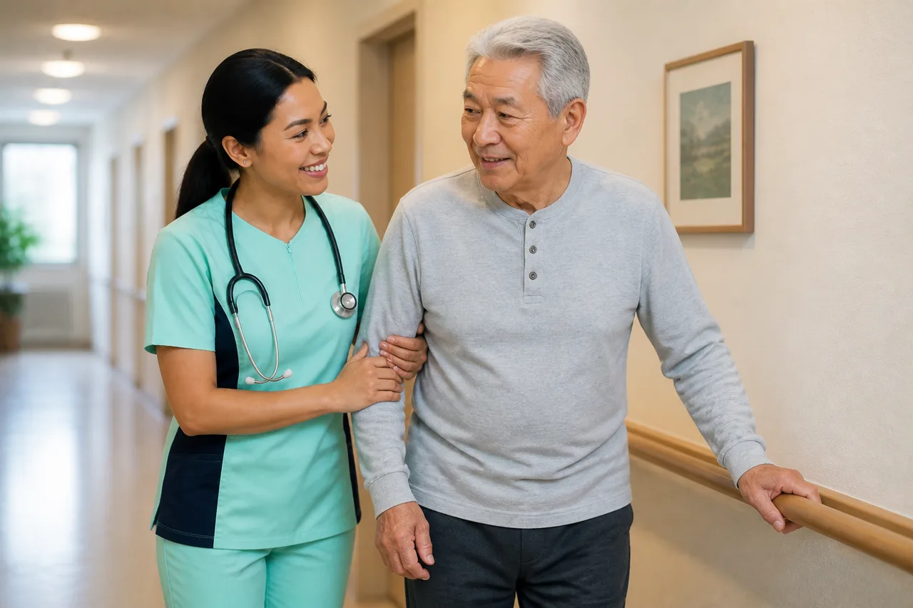 Korean female caregiver in mint green scrubs with navy panels supporting a senior on a safe indoor walk