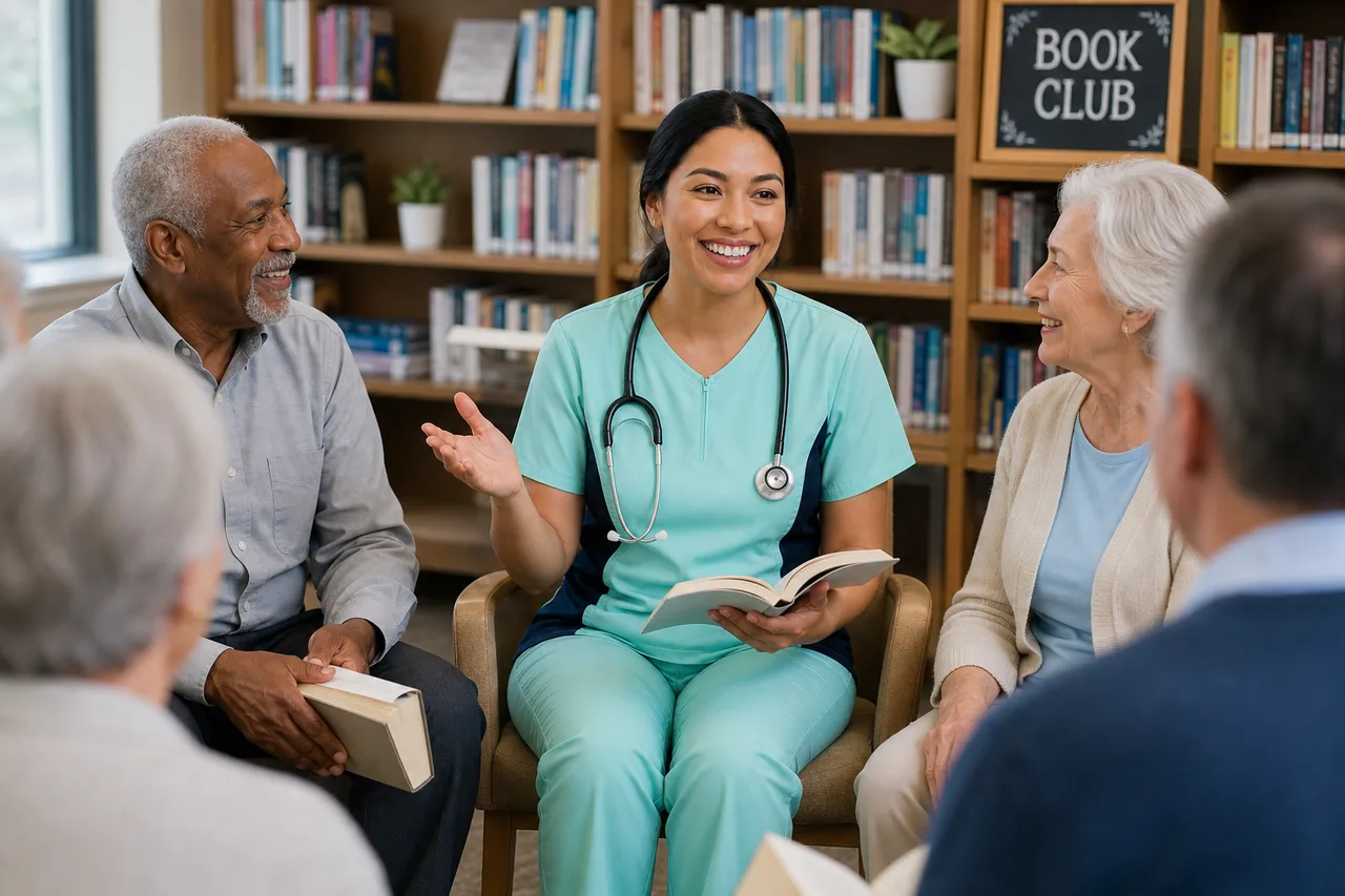 Latina female caregiver in mint green scrubs with navy side panels leading a book club with seniors