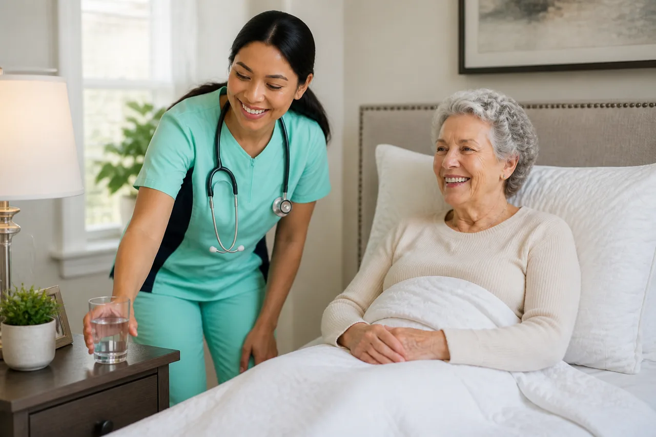 Filipina female caregiver in mint green scrubs with navy side panels offering water with kind personal care
