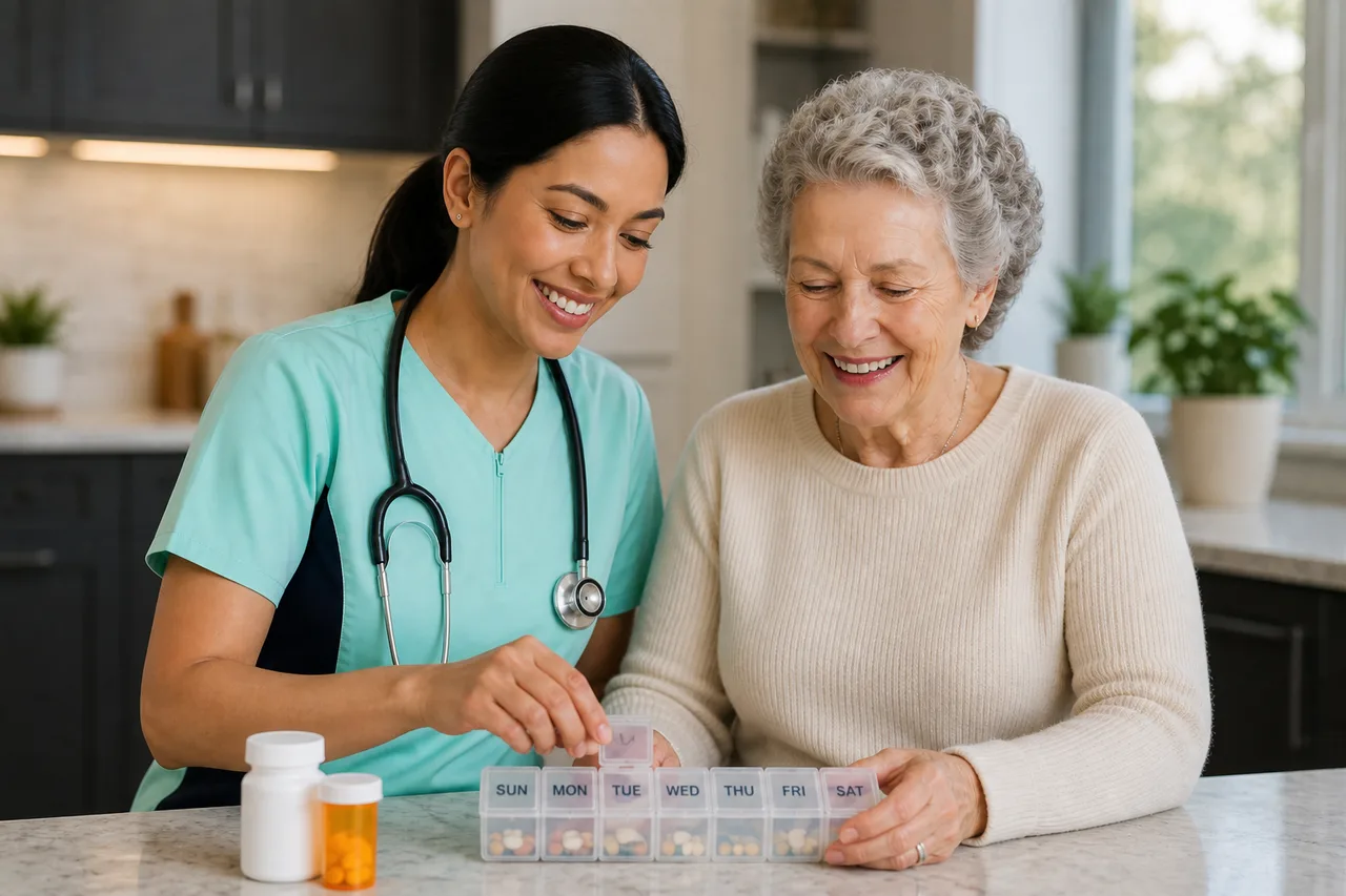 Indian female caregiver in mint green scrubs with navy side panels supporting safe medication routines