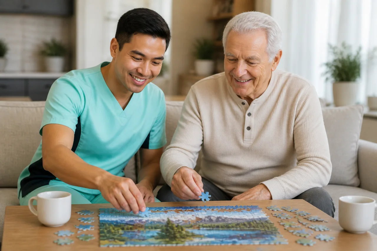 Filipino male caregiver in mint green scrubs with navy side panels enjoying a puzzle activity with a smiling senior