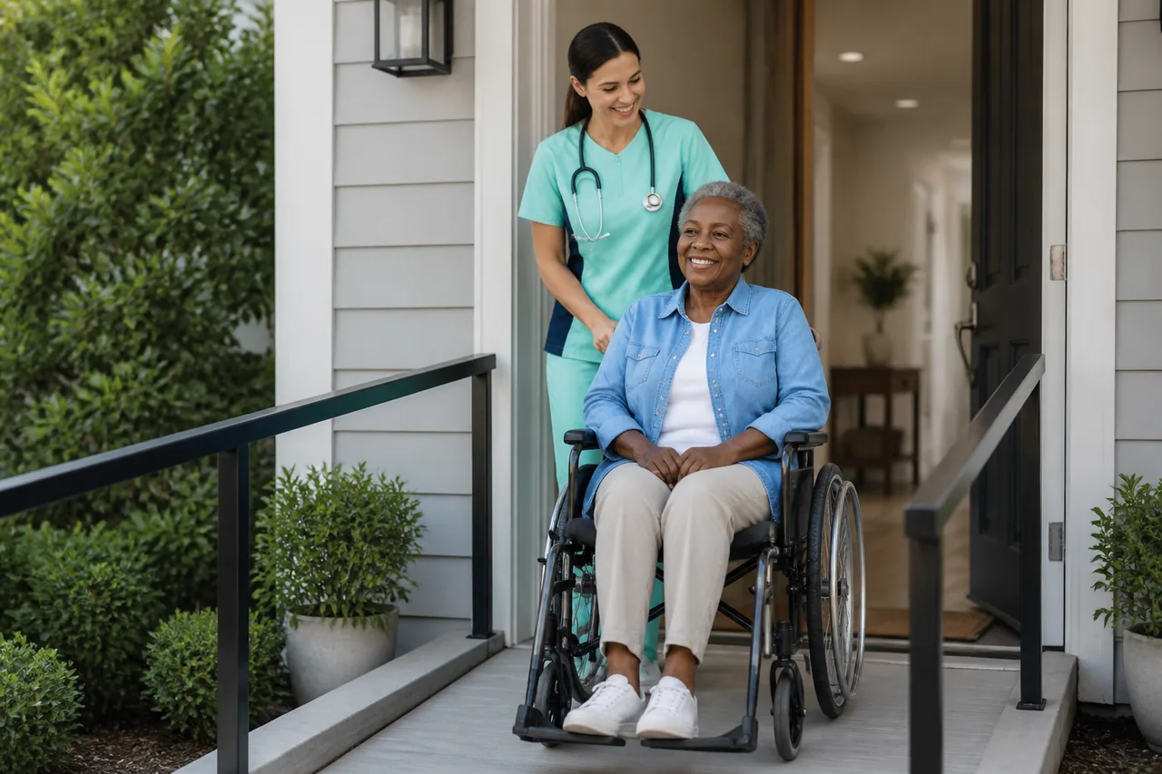 Caucasian female caregiver in mint green scrubs with navy side panels assisting a senior with wheelchair mobility