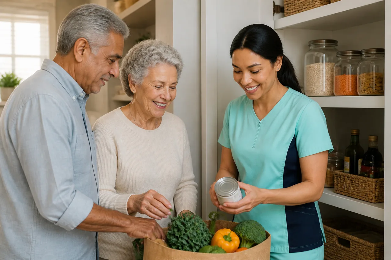 Middle Eastern female caregiver in mint green scrubs with navy side panels helping a senior couple with healthy groceries at home